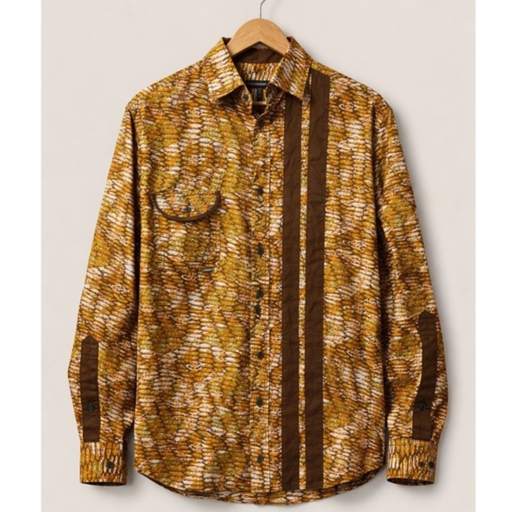 Woodin Shirt Men XL African Print Brown Gold‎ Button Front Long Sleeve Western